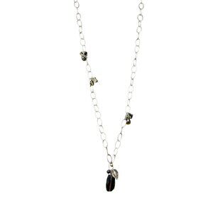 Black Beaded Green Crystal Station Charms Chain Long Necklace Silver Tone